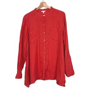 EILEEN FISHER Red Organic Irish Linen Band Collar Button Front Shirt Women Large